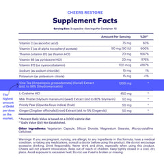 Cheers Liver Combo Restore capsules beside a glass suggesting after-drinking recovery routines