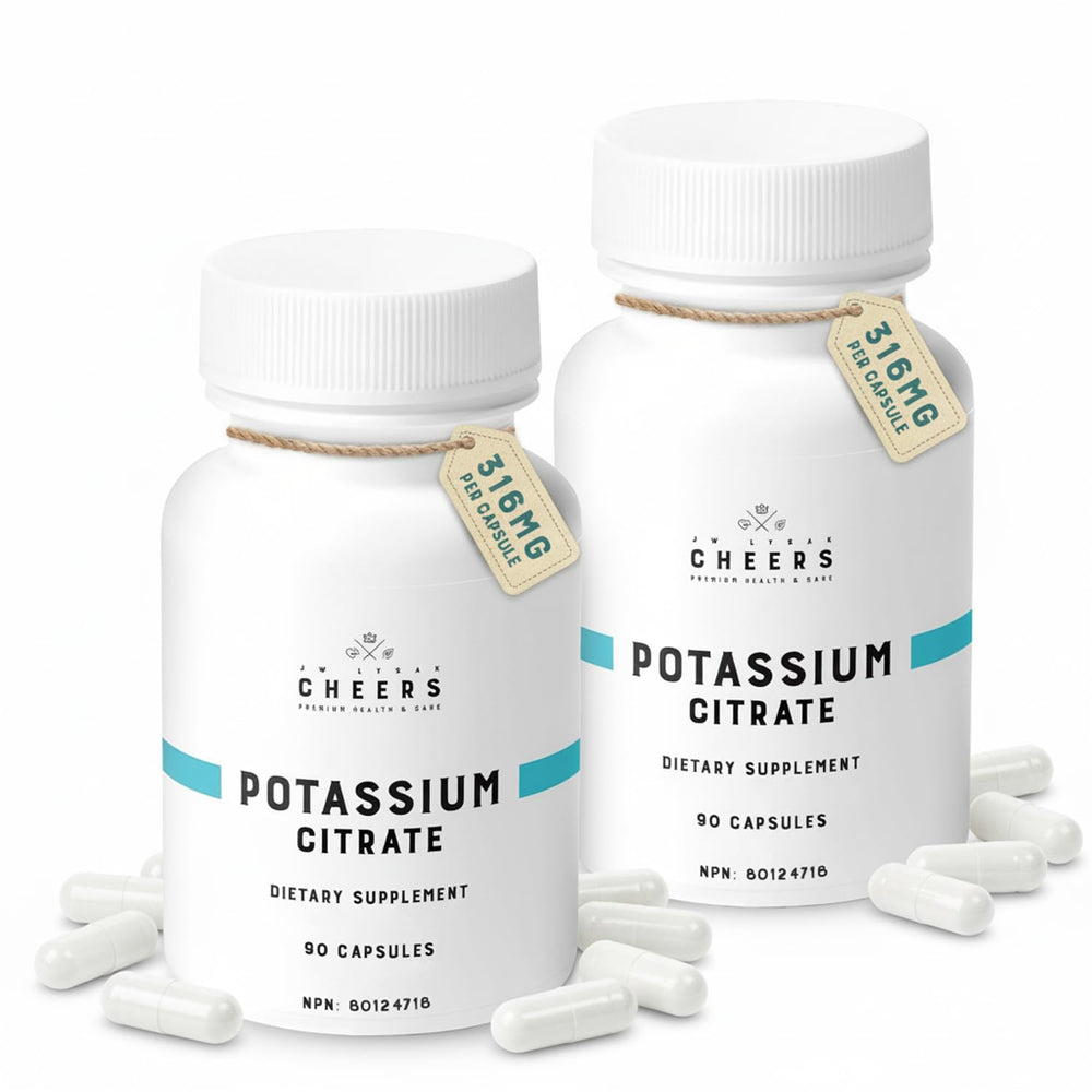 CHEERS Potassium Citrate capsules on a clean bottle label for daily electrolyte support.