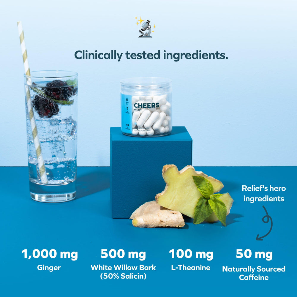 Cheers Relief packaging displaying a 36-dose bottle for convenient use