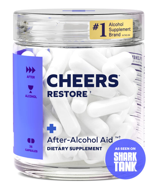 Cheers Restore bottle front shows 12-dose package for post-drinking support