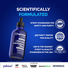 Dropper dispensing 0.5 ml serving from Chemist Labs methylene blue.