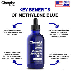 Chemist Labs Methylene Blue label shows USP-grade purity and formaldehyde-free formula