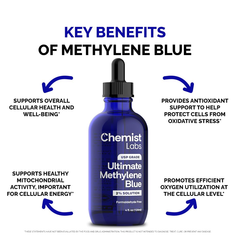 Chemist Labs methylene blue label displays high purity and USP grade.