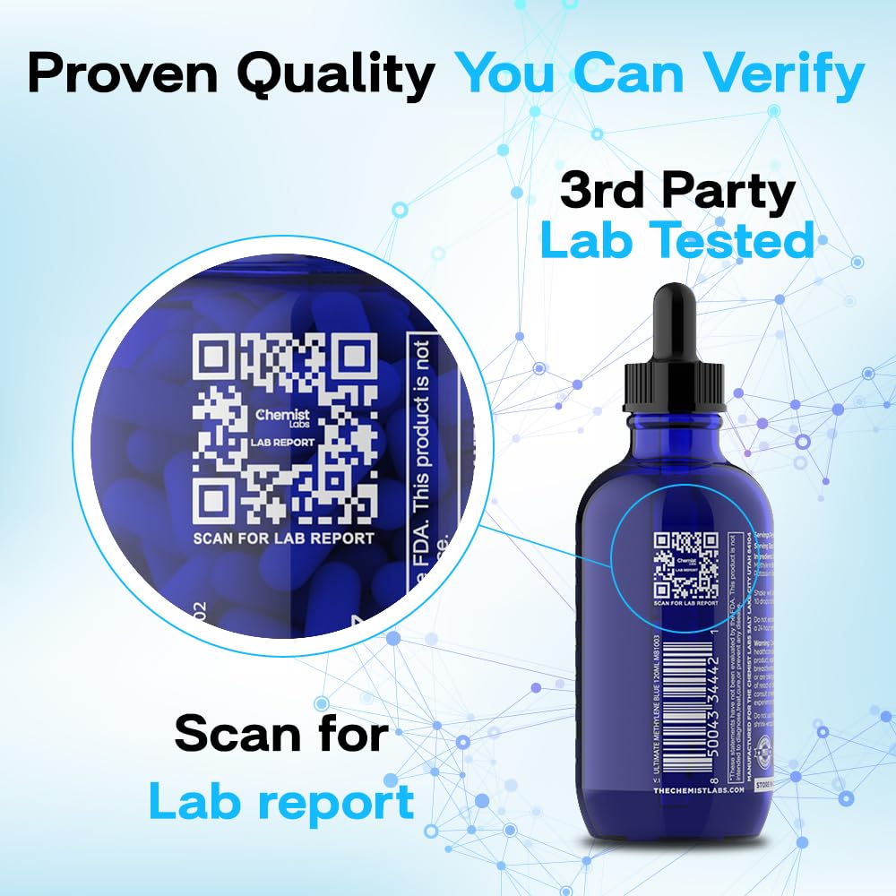 Daily-use setup with Chemist Labs methylene blue liquid in a bottle.