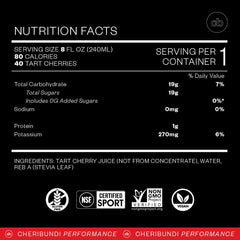 Cheribundi Tart Cherry Sleep label closeup highlights non-GMO and sugar-free formulation.