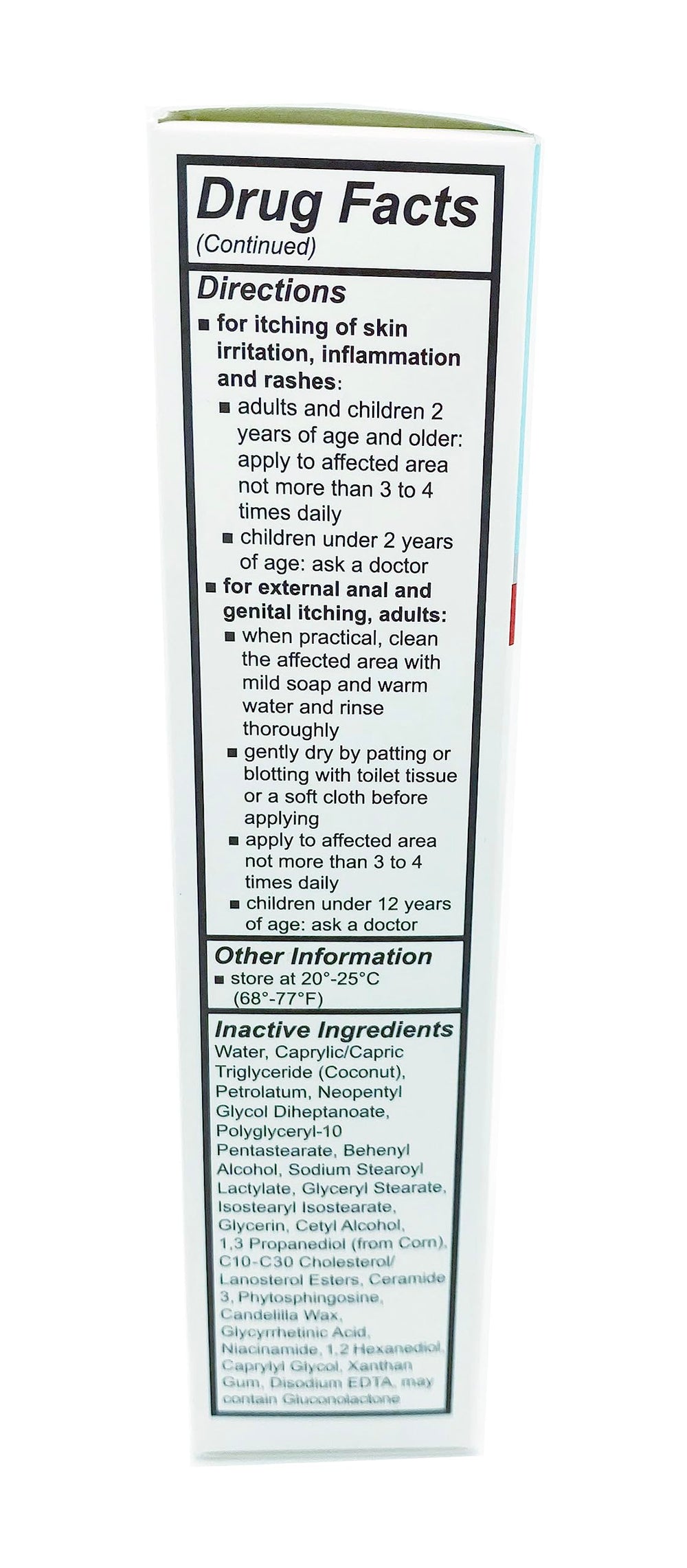Label highlights 1% hydrocortisone and key ingredients