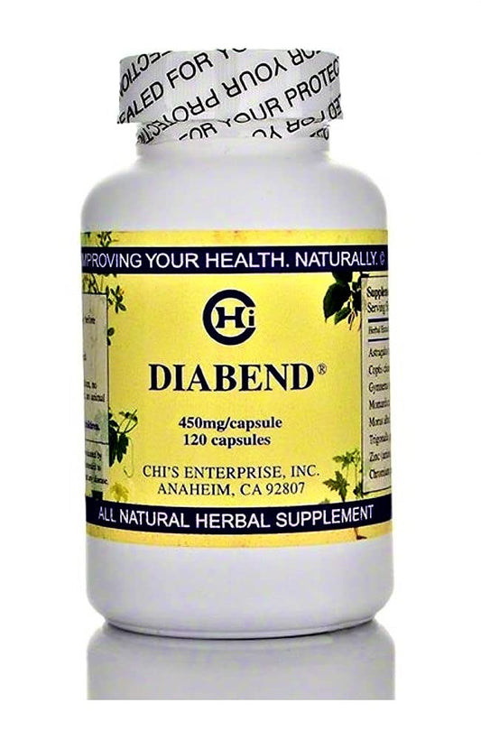 Chi Enterprise Diabend bottle shown with 120 capsules, convenient daily use.