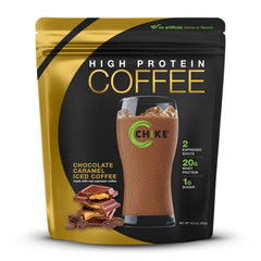 CHIKE Chocolate Caramel Iced Coffee bottle showing protein-packed beverage for busy mornings