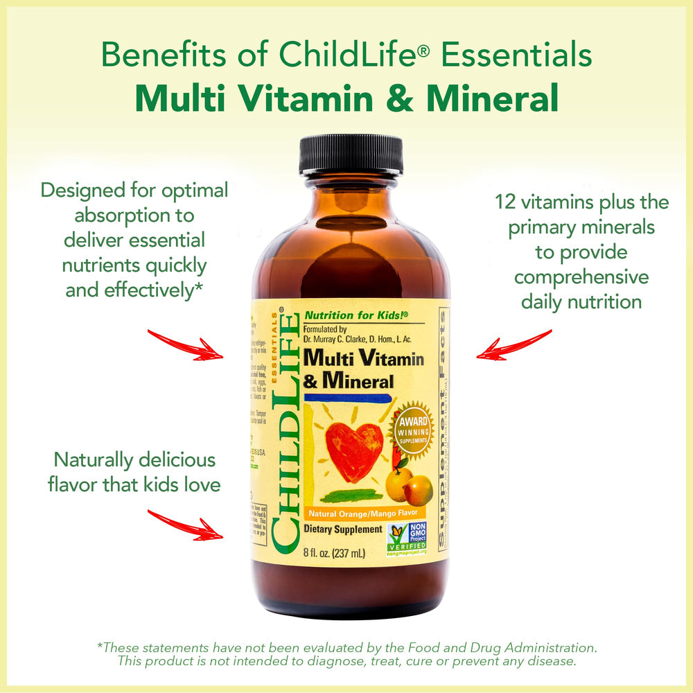 CHILDLIFE ESSENTIALS nutrition label highlighting 12 vitamins and minerals