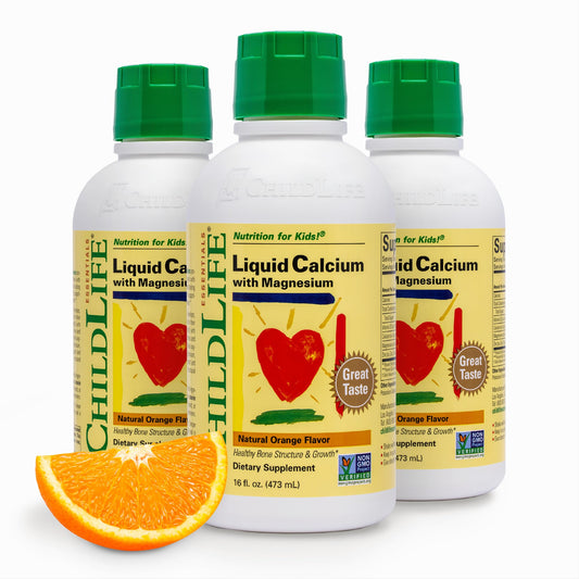 ChildLife Essentials liquid calcium orange bottle supports daily bone-friendly nutrition for kids.
