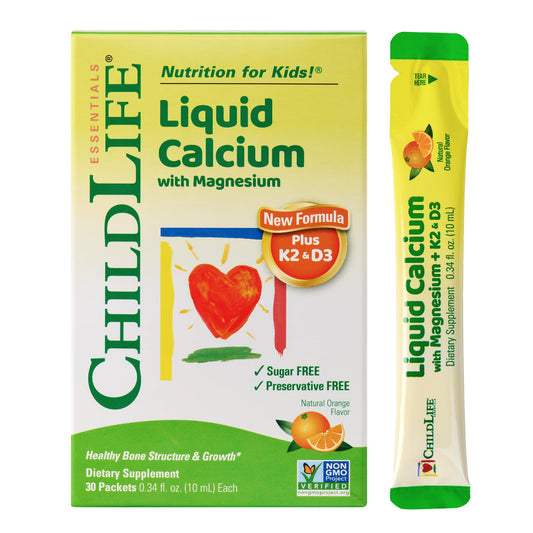 ChildLife Essentials liquid calcium stick packs box for on-the-go nutrition