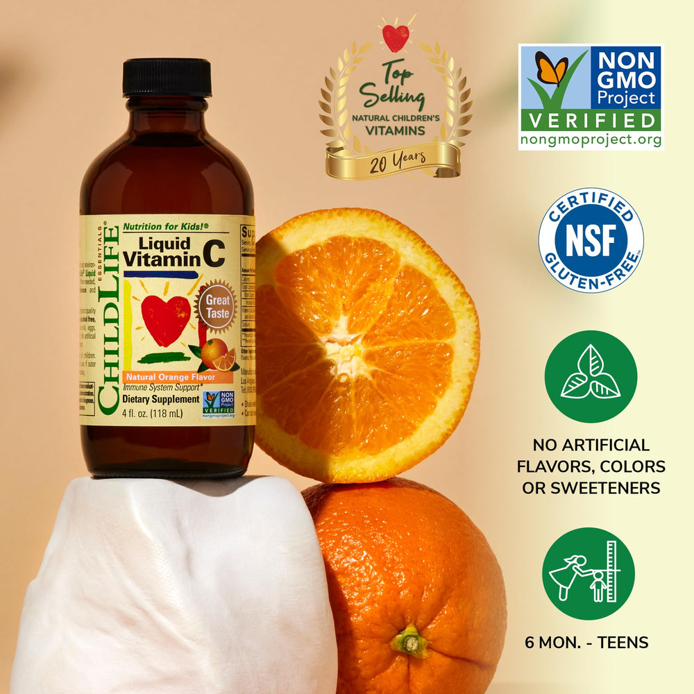 ChildLife Essentials orange-flavor Vitamin C bottle label highlights natural taste.
