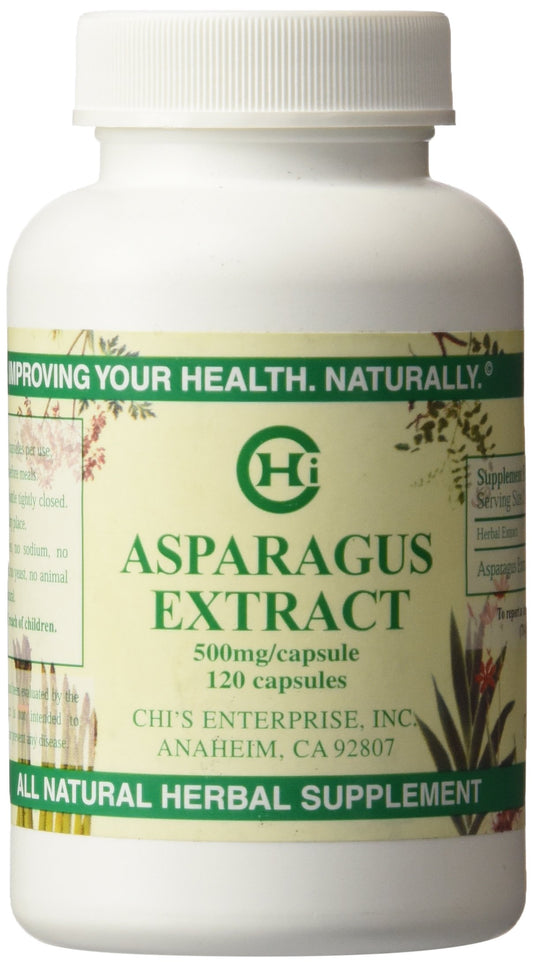 Chi's Enterprise asparagus extract bottle showing 120 capsules for daily use