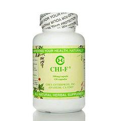 Chi-F bottle closeup by Chi's Enterprise showing 500 mg capsules for daily Qi support