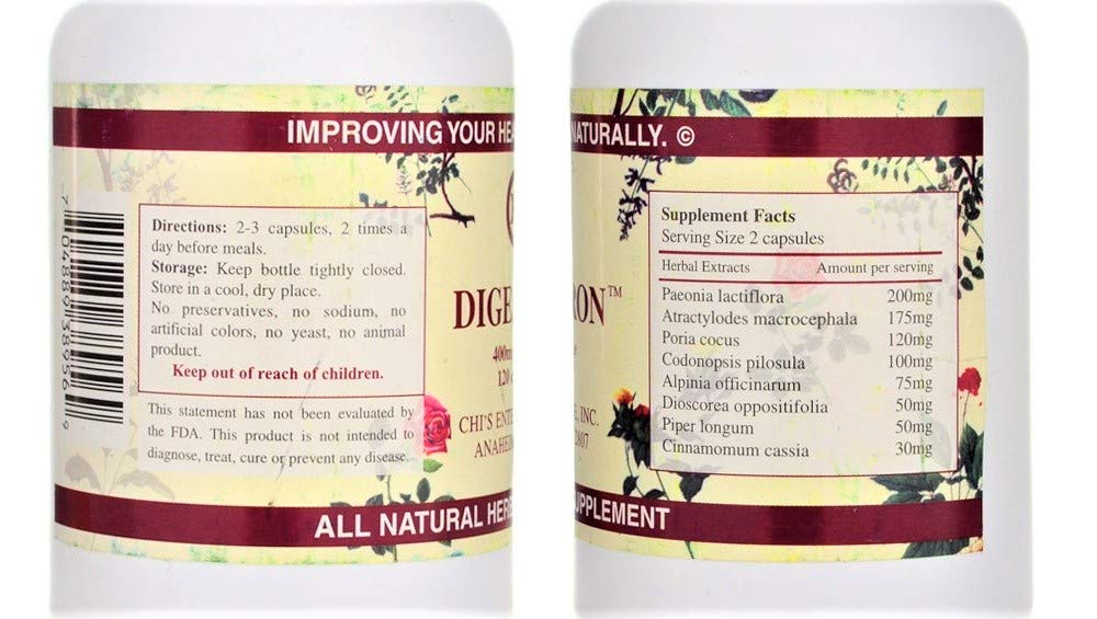 Chi's Enterprise Digestron capsules showing herbal enzyme production support