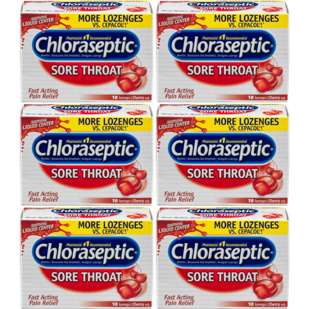 Chloraseptic cherry lozenge pack of 6 for convenient home or travel relief.