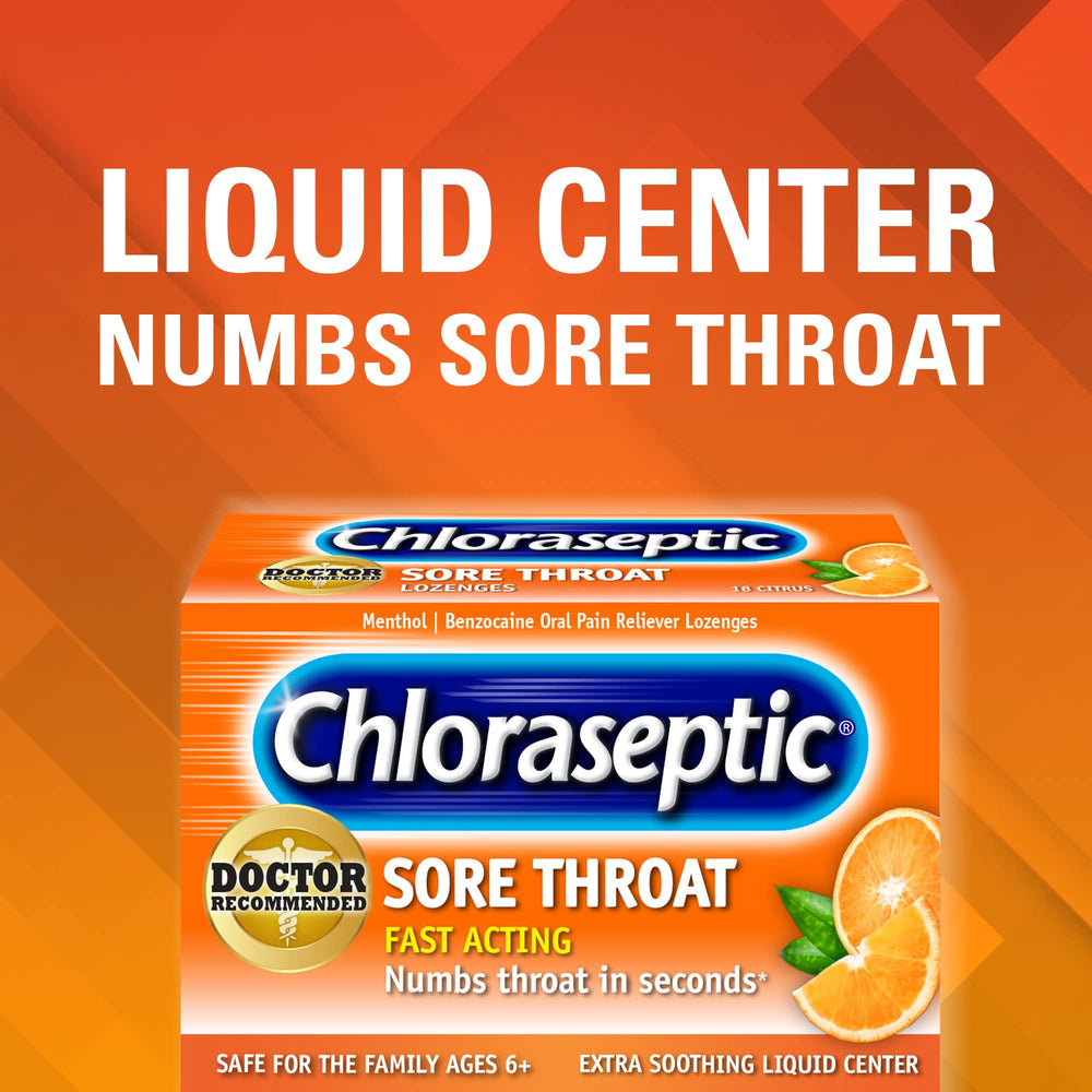 Close-up of Chloraseptic Citrus lozenge liquid center for soothing sensation