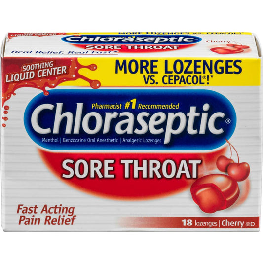Chloraseptic cherry lozenge 18-count for fast numbing relief during throat irritation.
