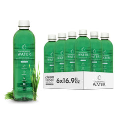 Chlorophyll Water 6-pack bottles on shelf highlight Clean Label certification and transparency.