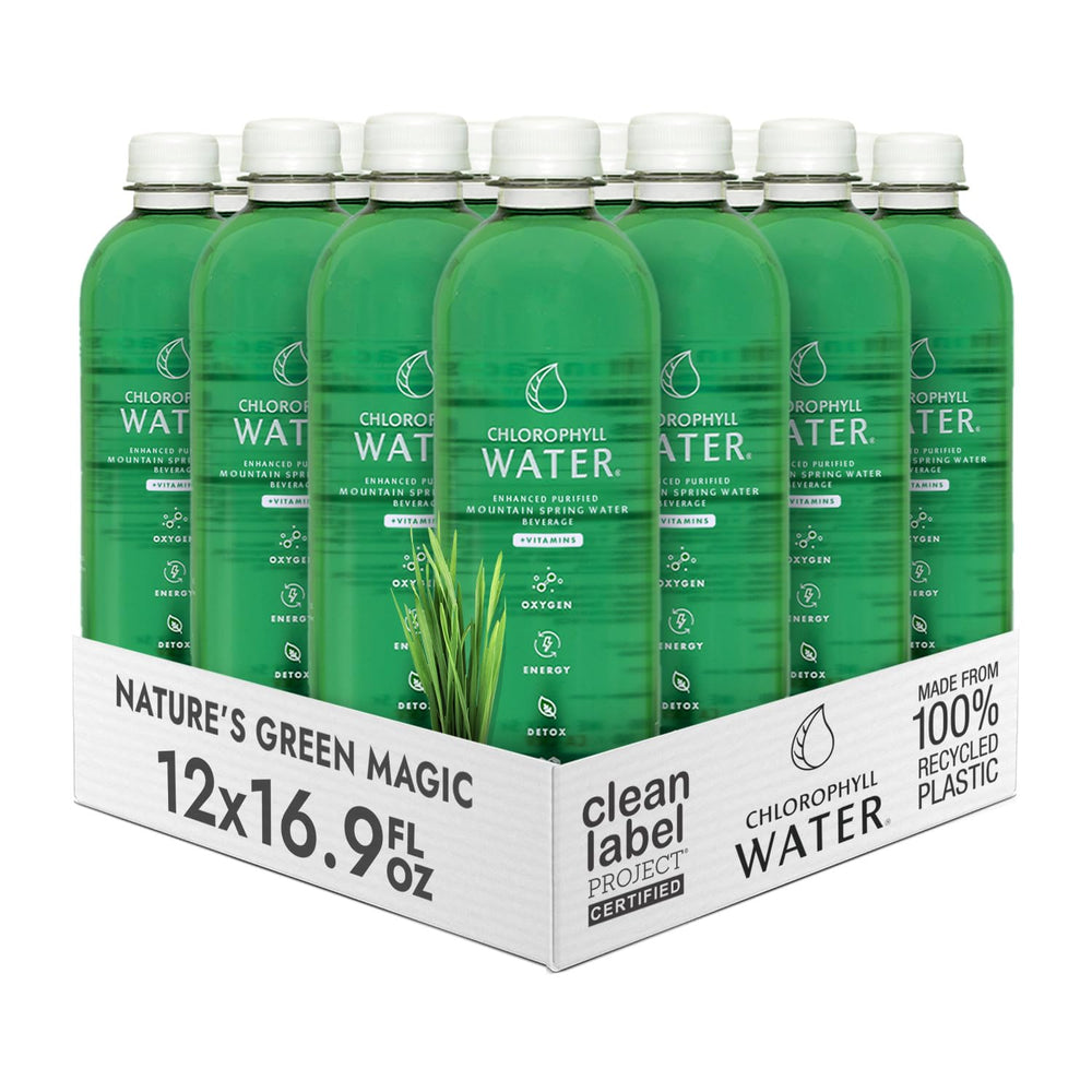 Chlorophyll Water bottle packaging highlights clean-label certification and sustainability.
