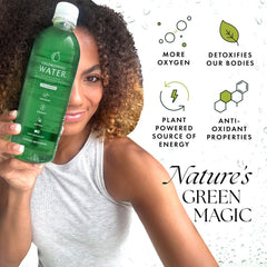 Chlorophyll Water drops close-up shows plant-based vitamins added.