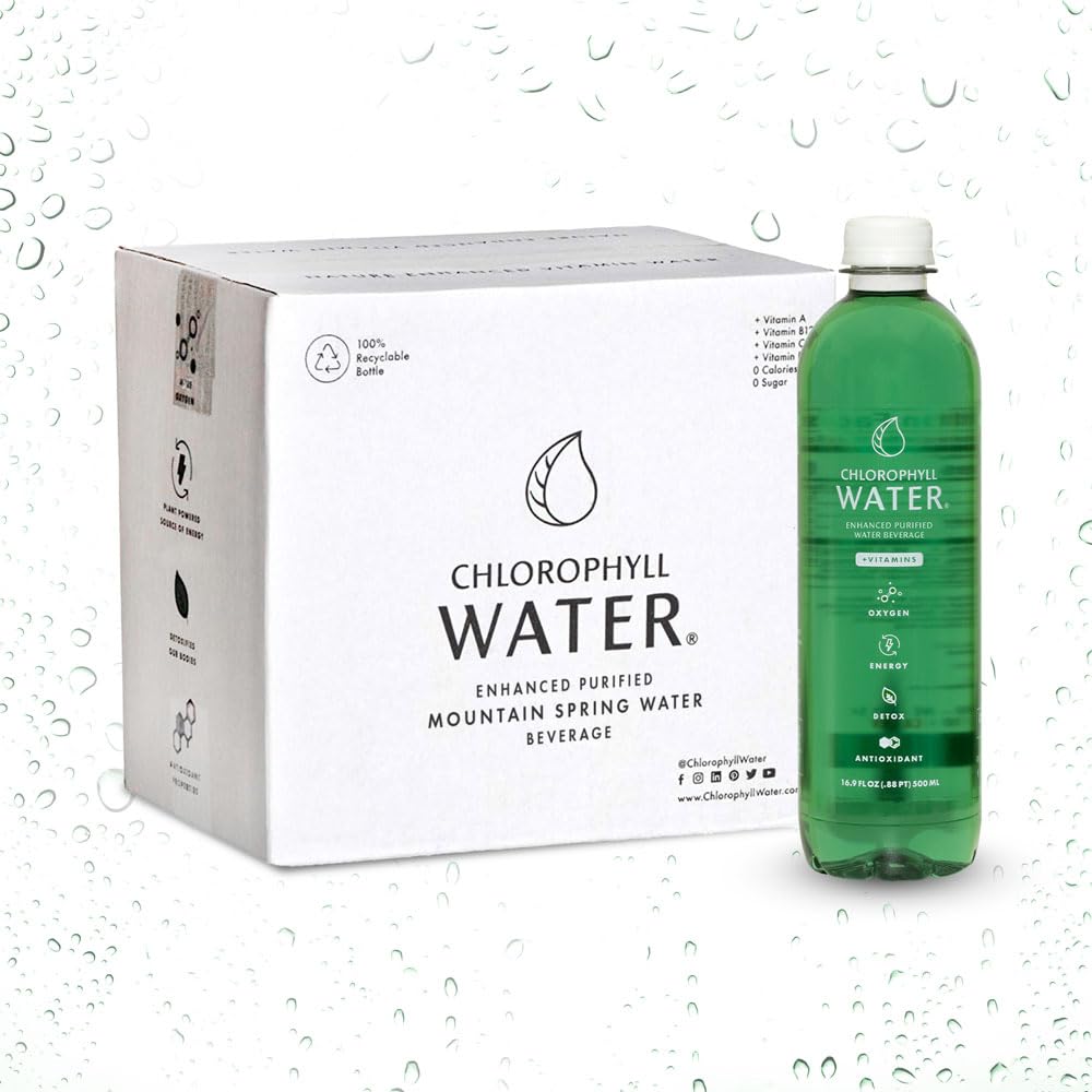 Chlorophyll Water vitamin-label close-up highlights A, B12, C, D3.