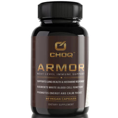 CHOQ Armor bottle front view with vegan capsules for immune support