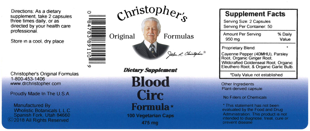 Christopher's Original Blood Circ Formula capsules showcasing easy daily supplement for vascular vitality.