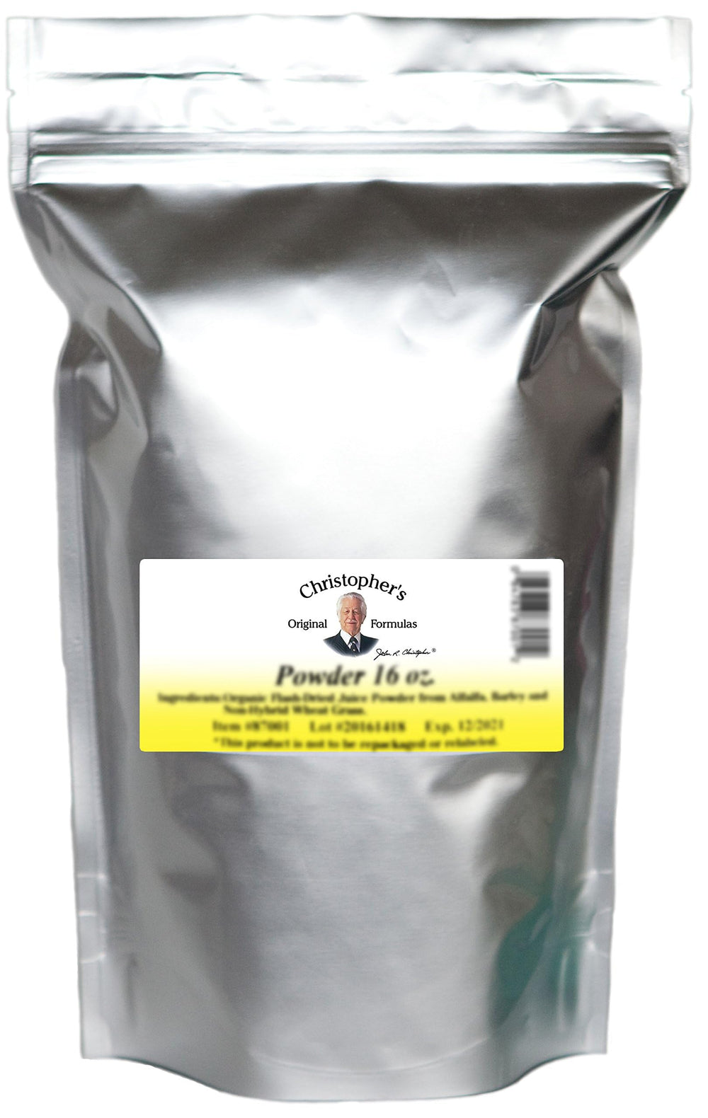 Christopher's BF&C Powder bottle showing the herbal blend for bones and skin support.