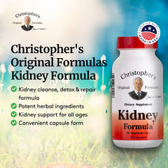 Christopher's Original Formulas Kidney Formula key herbs displayed for natural support.