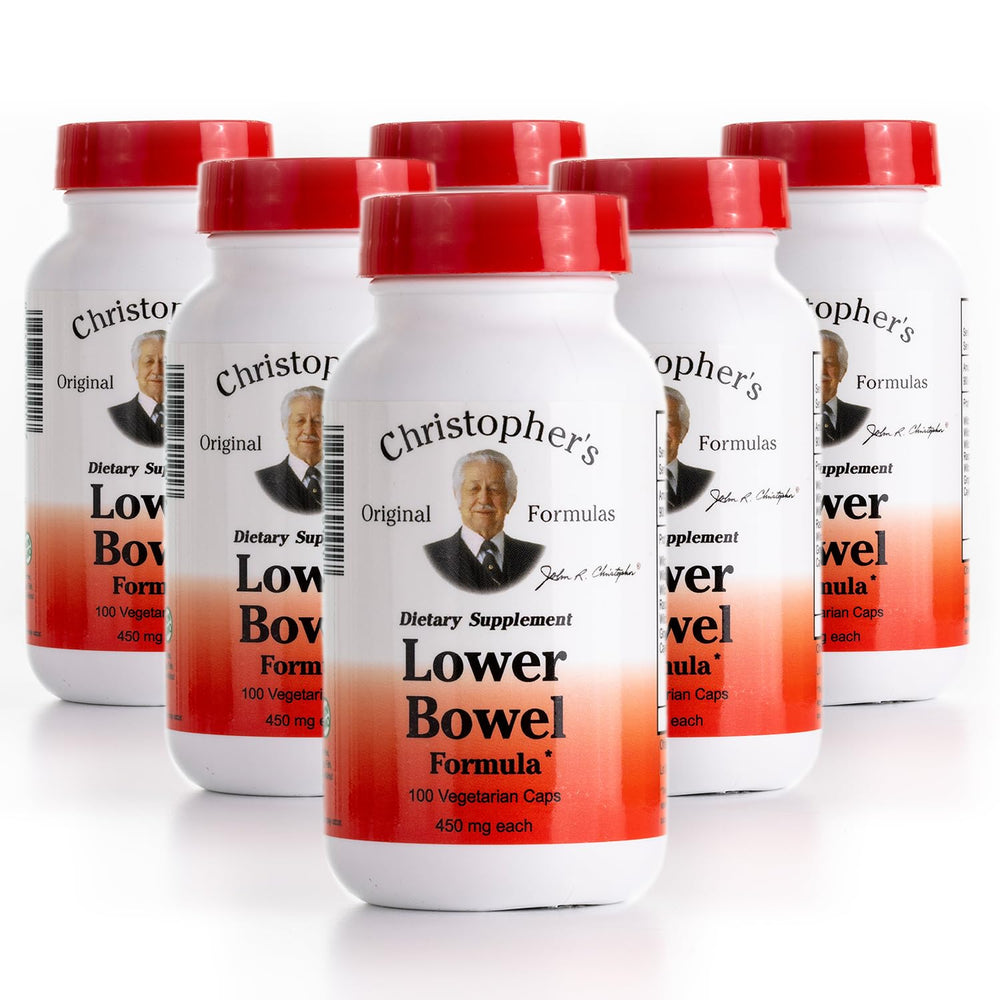Christopher's Original Formulas lower bowel cleanse capsules bottle on shelf, promoting natural gut support.
