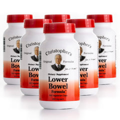 Christopher's Original Formulas lower bowel cleanse capsules bottle on shelf, promoting natural gut support.