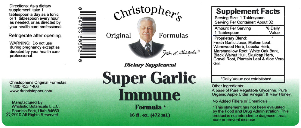 Christopher's Original Formulas Super Garlic Immune Syrup ingredients label, traditional herbal blend.