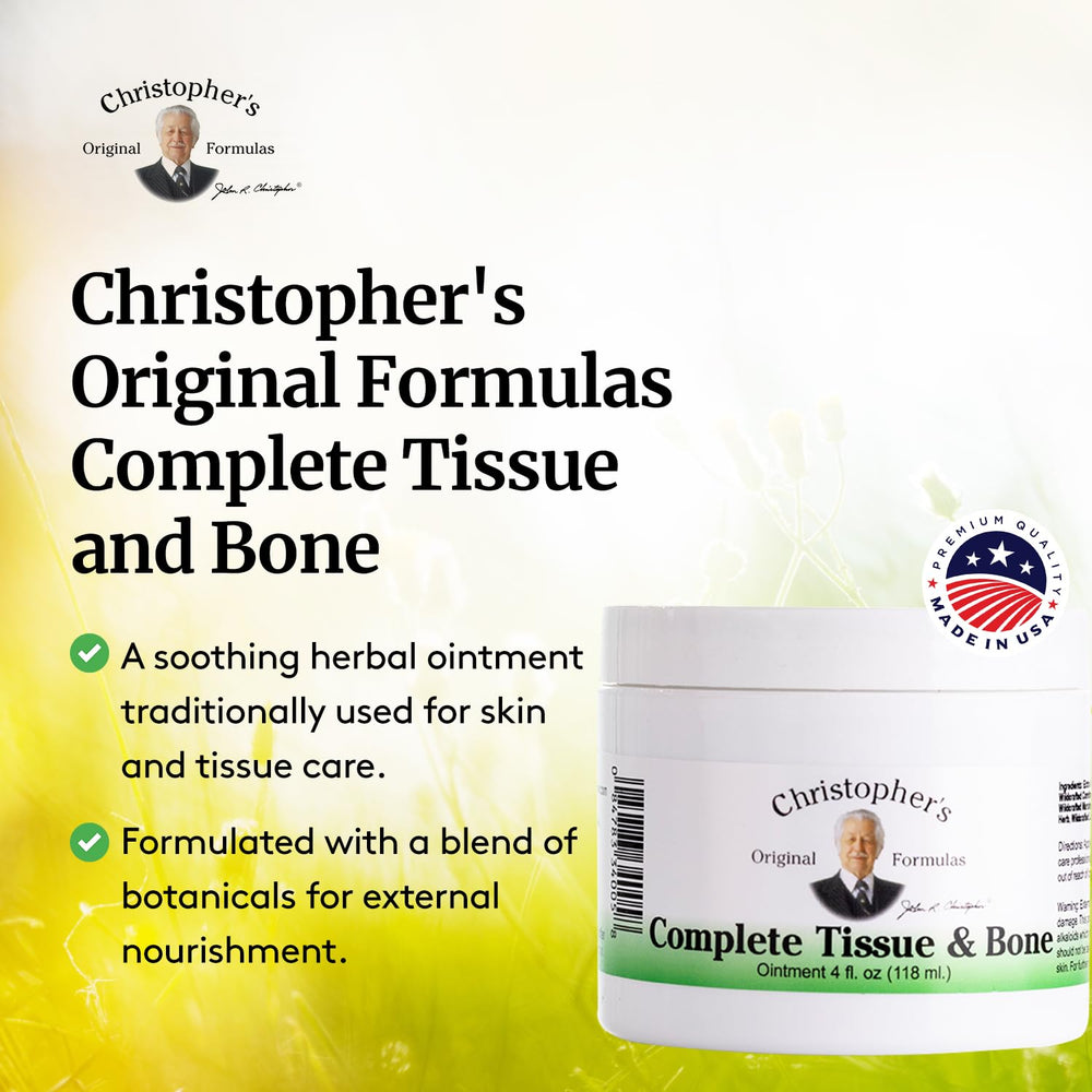 Christopher's Original Formulas tissue-bone ointment label detail highlighting natural ingredients.