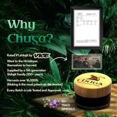 Chuga Shilajit jar closeup showing amber resin texture for daily wellness.