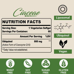 Ciaceae Liposomal CoQ10 800mg softgels on label showing ubiquinol form for better absorption.