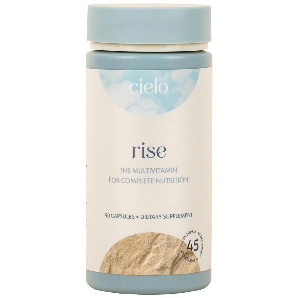 Cielo Rise multivitamin bottle front for complete daily nutrition and energy support
