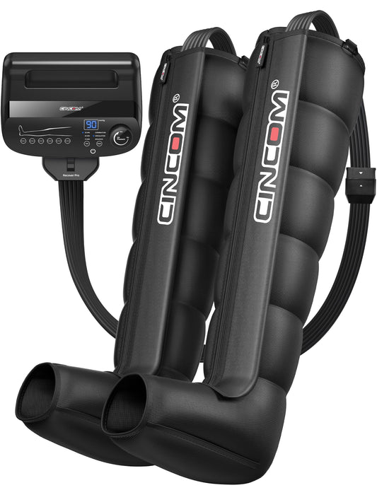 CINCOM Air Compression Recovery Boots front view showing six-zone layout for targeted leg relief.