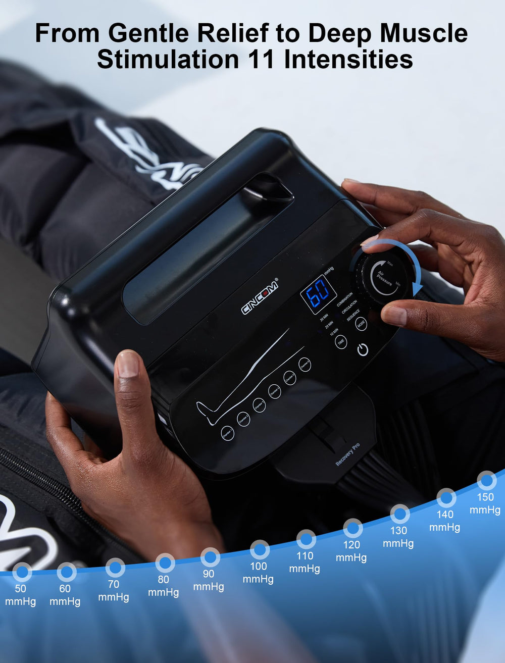 Control panel illustrating 3 dynamic massage modes and 11 pressure levels