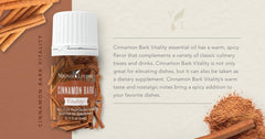 Close-up of Cinnamon Bark Vitality label on premium oil bottle.