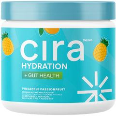 Cira Hydration Gut Health powder tub label illustrating daily refreshment and gut support.