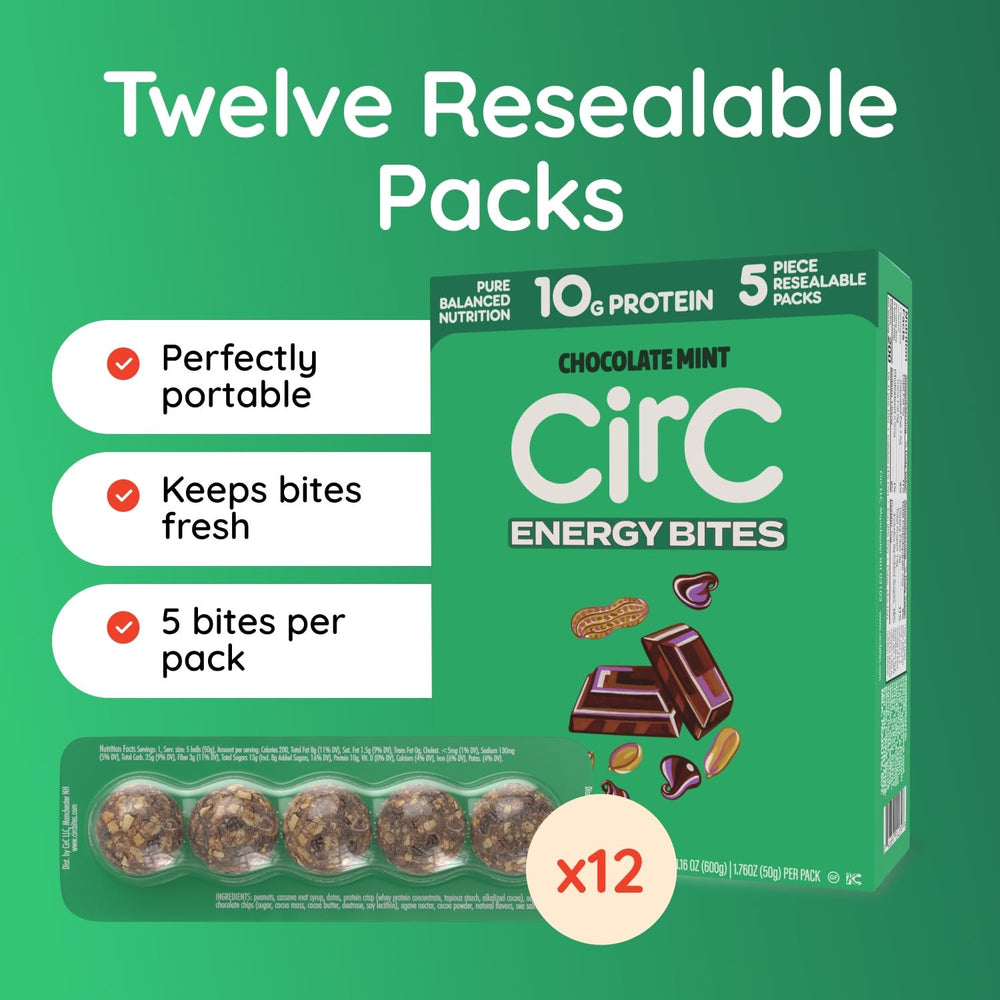 CirC Energy Bites gluten-free ingredients image emphasizes whole grains, nuts, and dates for balanced bites.