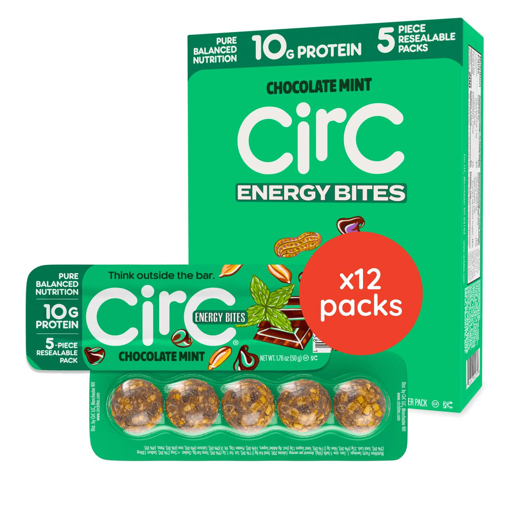 CirC Energy Bites mint chocolate chip packaging highlights gluten-free, clean-ingredient snack options.