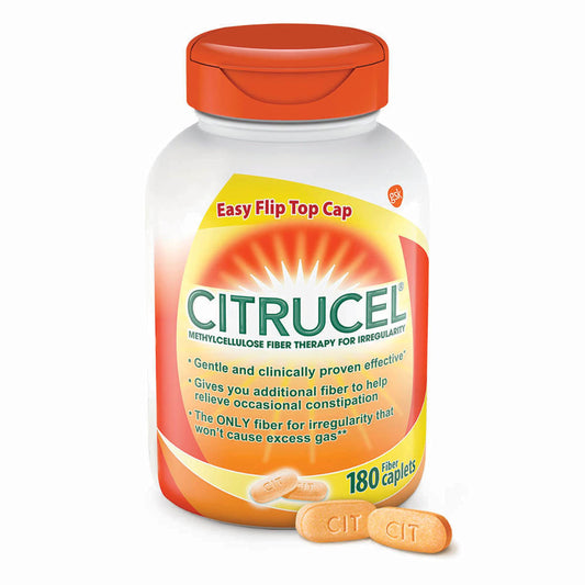 Citrucel bottle caplets shown as a convenient fiber option for regularity support