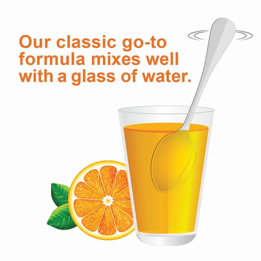 Citrucel orange powder dissolving in water for easy daily fiber intake