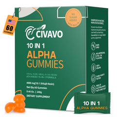 Civavo 10-in-1 Alpha Shilajit Gummies bottle on a wooden table for daily wellness