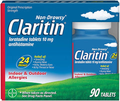 Claritin 90 tablets bottle packshot highlighting daily indoor and outdoor allergy relief