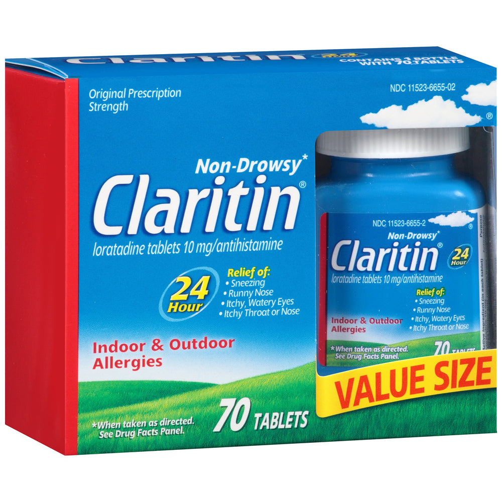 Claritin box packaging with dosage and allergy relief information.