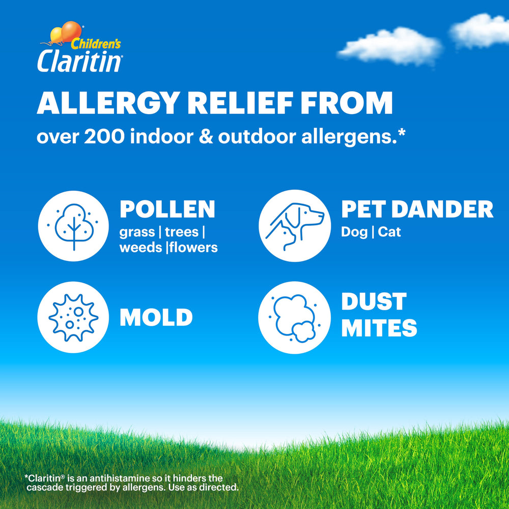 Claritin Children’s bottle back view showing dosage guidance.