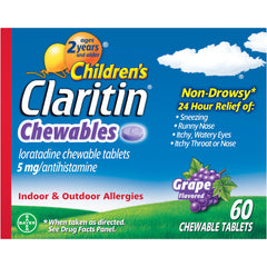 Claritin Children's Chewables Grape bottle shows non-drowsy, all-day allergy relief
